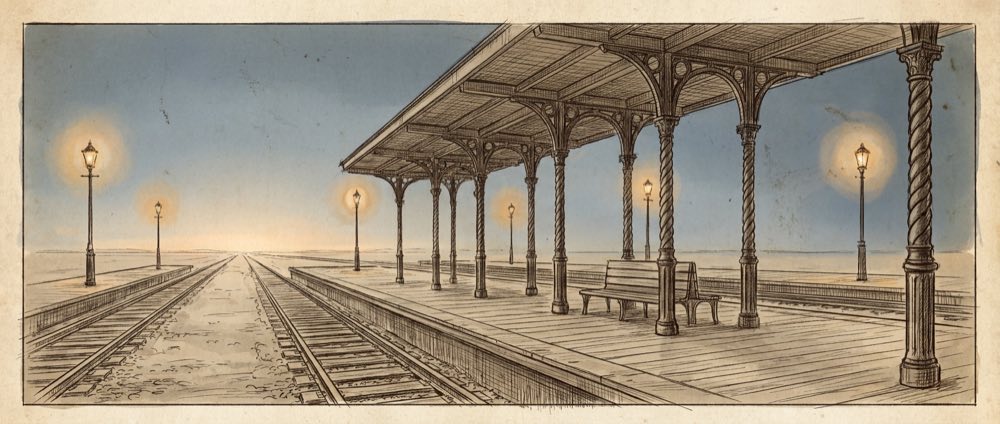 Empty station platform at night