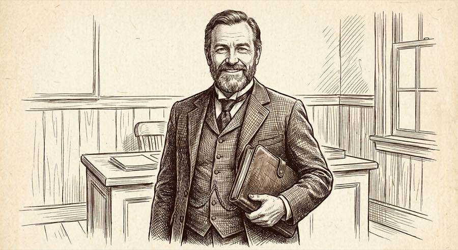 Sepia-toned illustration of a friendly railroad-era lawyer