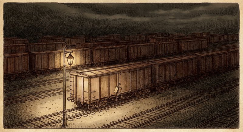 Dark switchyard with unmarked freight cars