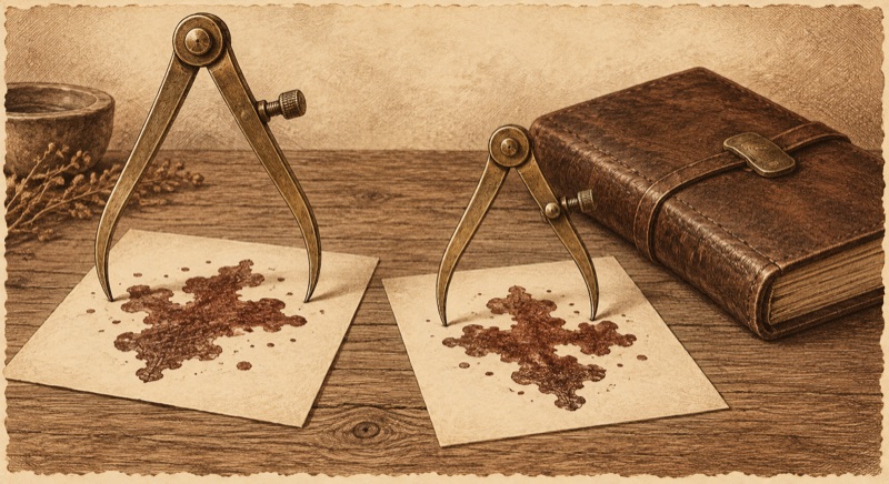 Two brass calipers compare ink patterns beside a closed journal