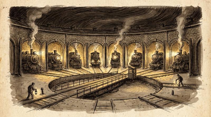 Railroad roundhouse with locomotives waiting on branching tracks