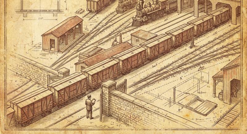 Busy railroad freight yard with railcars queued on multiple tracks