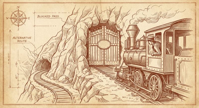 Steam locomotive at blocked mountain pass
